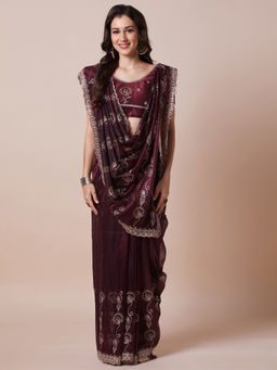 Akhilam - Womens Net Burgundy Embellished Designer Saree with Unstitched Blouse
