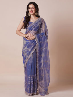 Akhilam - Womens Net Lavender Embellished Designer Saree with Unstitched Blouse