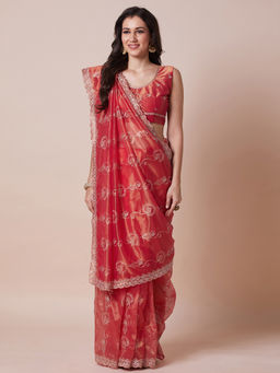 Akhilam - Womens Net Orange Embellished Designer Saree with Unstitched Blouse