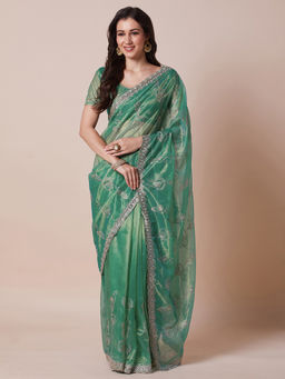 Akhilam - Womens Net Teal Green Embellished Designer Saree with Unstitched Blouse