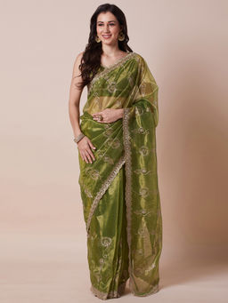 Akhilam - Womens Net Light Green Embellished Designer Saree with Unstitched Blouse
