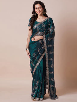 Akhilam - Womens Net Teal Blue Embellished Designer Saree with Unstitched Blouse
