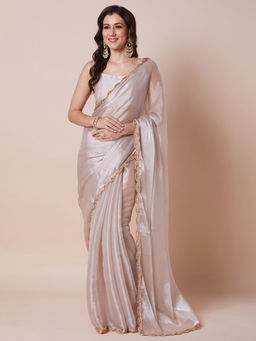 Akhilam - Womens Organza Cream Embellished Designer Saree with Unstitched Blouse