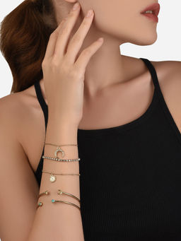 Lilly & Sparkle - Gold Toned 3 Bracelets and 2 Cuffs with Crystal Studded Bow Charm (Set of 5)