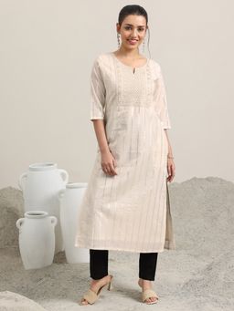 Libas - Off White Embellished Cotton Straight Kurtas for Women