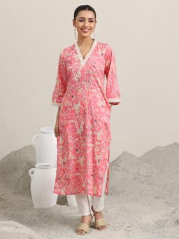 Libas - Pink Printed Cotton Blend Straight Kurtas for Women