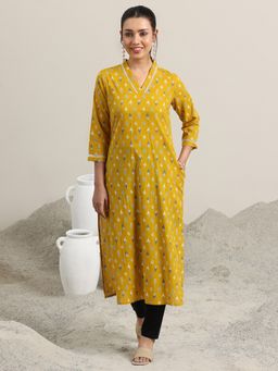 Libas - Yellow Printed Cotton Straight Kurtas for Women