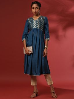 Abhishti - Teal A-Line Brocade Yoke Woven Kurta