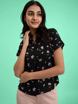FABLE STREET - Floral Printed Mandarin Neck Top - Black