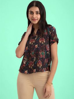 FABLE STREET - Floral Printed Relaxed Fit Top - Navy Blue