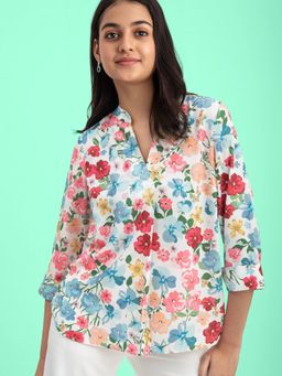 FableStreet - Floral Print Mandarin Neck Top - Multi Color