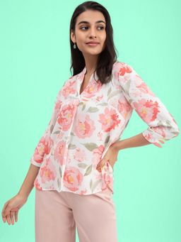FableStreet - Floral Print Mandarin Neck Top - White