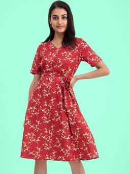 FableStreet - Floral Print Flared Dress - Red (Set of 2)