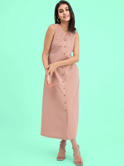 FableStreet - Linen Button Down Dress - Dusty Pink