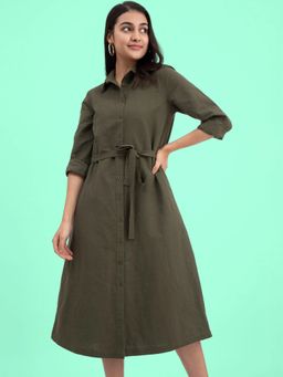 FableStreet - Linen Shirt Dress With Belt Olive (Set of 2)