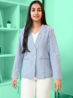 FableStreet - Linen Single Breasted Blazer - Blue