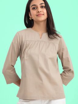 FableStreet - Linen Gather Detail Top - Beige