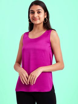 FableStreet - Satin Round Neck Cami Top - Fuchsia