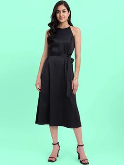 FableStreet - Satin Halter Neck Dress - Black