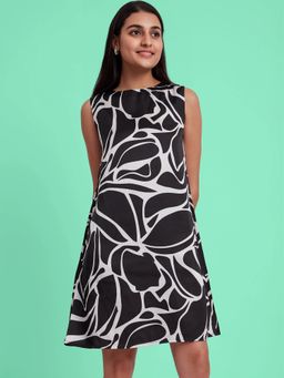 FableStreet - Satin Floral A Line Dress - Black And White
