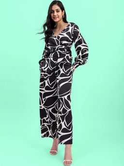 FableStreet - Satin Floral Wrap Top And Pants Co-ord - Black And White (Set of 2)