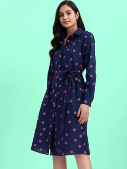 FableStreet - Cotton Polka Shirt Dress - Navy Blue And Pink (Set of 2)