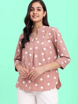 FableStreet - Linen Polka Dot Top - Pink And White