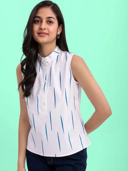 FABLE STREET - Cotton Mandarin Collar Top - White And Blue