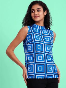 FableStreet - Geometric Print High Neck Top Blue