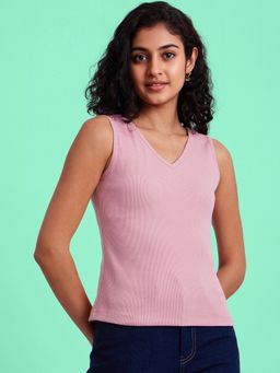FableStreet - Stretchable V-Knitted T-Shirt Pink