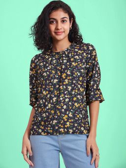 FABLE STREET - Floral Print Gather Detail Top Navy Blue