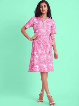 FableStreet - Cotton Satin Floral Dress Pink (Set of 2)