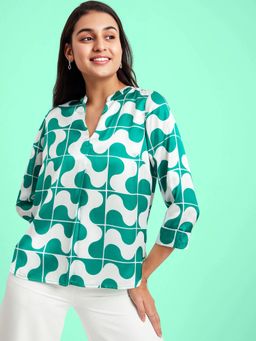 FableStreet - Satin Geometric Print Top - Green and White