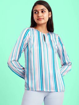 FableStreet - Satin Stripes Print Top - White and Teal
