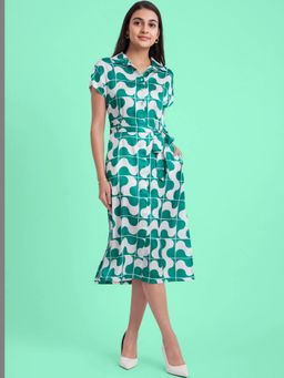 FableStreet - Satin Geometric Print Dress - Green and White