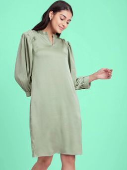 FableStreet - Satin Round Neck Dress - Sap Green