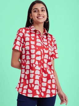 FableStreet - Satin Collared Relaxed Fit Shirt - Red and White