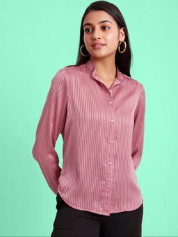 FABLE STREET - Satin Mandarin Collar Shirt - Dusty Pink