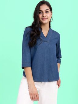 FableStreet - Denim V-Neck Top - Navy Blue