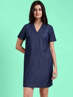FableStreet - Denim V-Neck Dress - Navy Blue