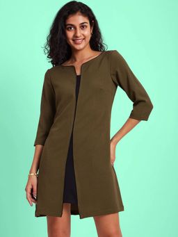 FableStreet - Colour Block A-line Dress - Olive Green