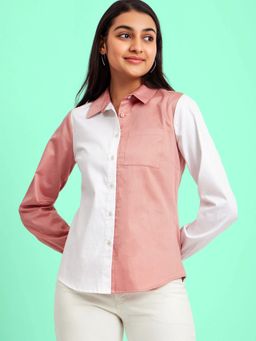 FableStreet - Cotton Satin Colour Block Shirt - Dusty Pink And White