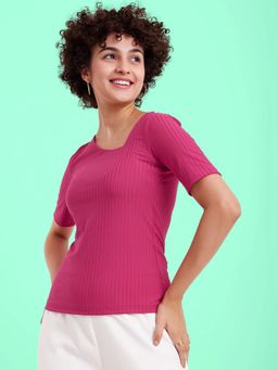 FABLE STREET - Asymmetric Neck Rib Knit Top - Pink