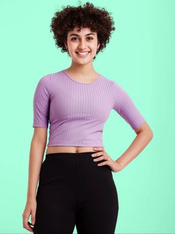 FableStreet - Round Neck Rib Knit Crop Tee - Lavender