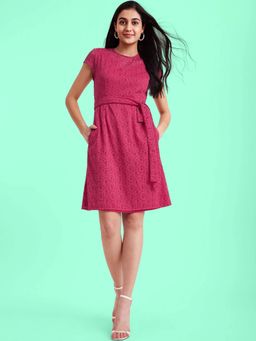 FableStreet - A-line Lace Pink Dress with Belt (Set of 2)