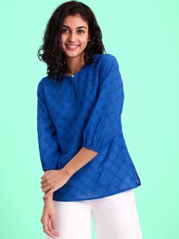 FABLE STREET - Cotton Schiffli Embroidered Top - Blue