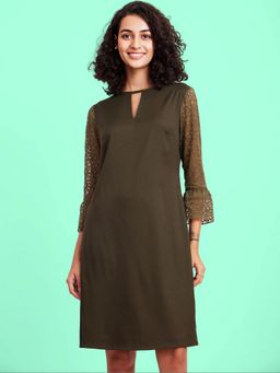FableStreet - Round Neck Lace Dress - Olive