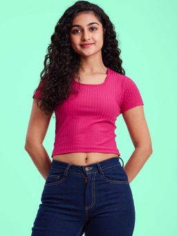 FableStreet - Rib Knit Crop Top - Fuchsia