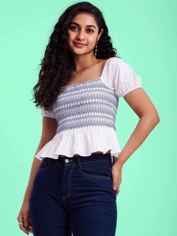 FableStreet - Smocked Puff Sleeves Top - White