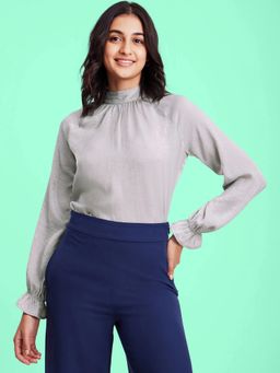 FableStreet - Satin Raglan Sleeves Top - Grey